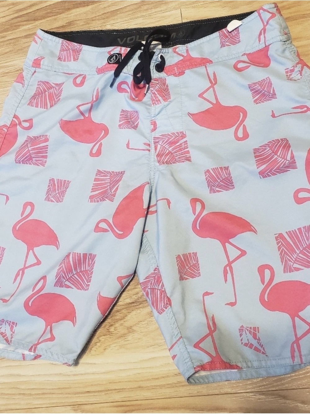 Volcom Light Blue Swim Shorts with Pink Flamingo Print